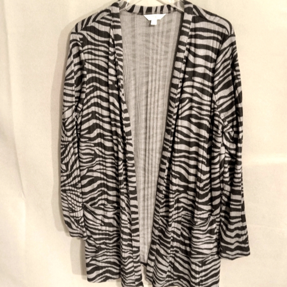 Terra & Sky Gray & Black Tiger Stripped Open Front Cardigan Wms Sz 0X (14W)